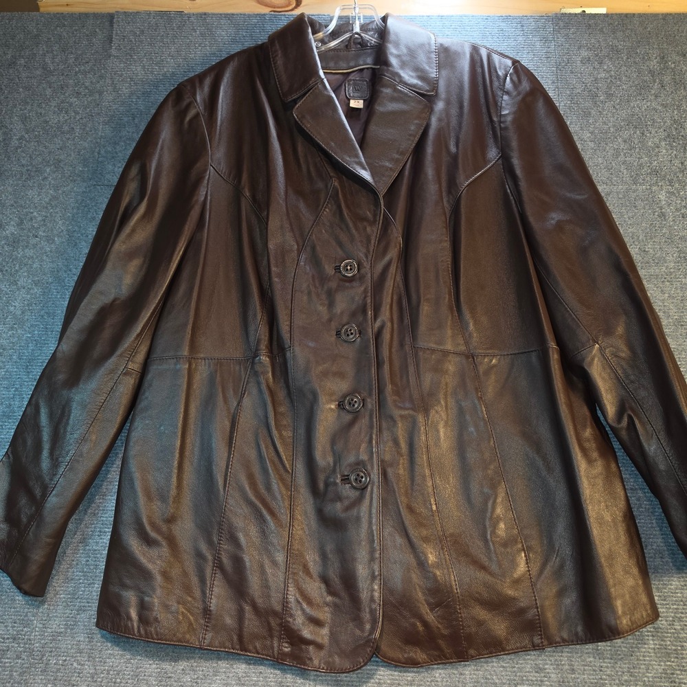 Wilsons Leather Jacket Womens 2X Brown Good Button Front Collared Blazer Coat